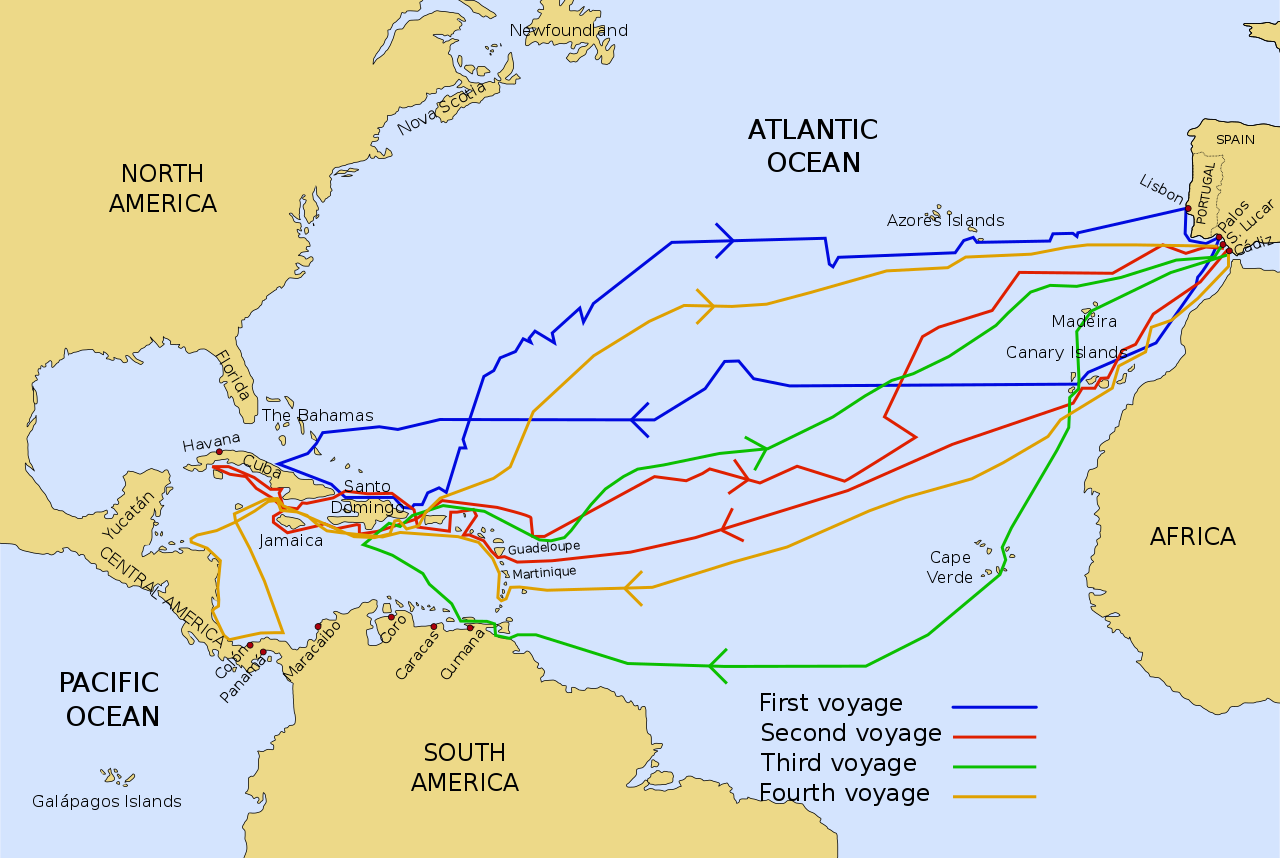 Map of Columbus' four voyages