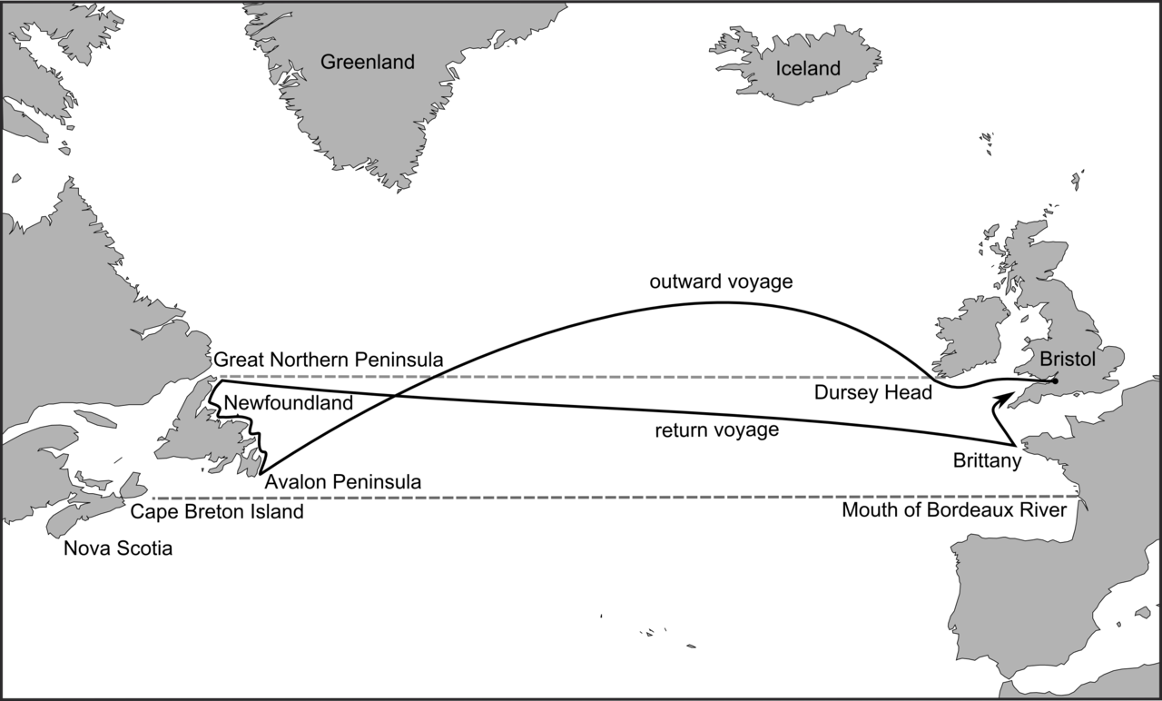 Map of John Cabot's voyage to Newfoundland