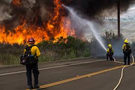 Three firefighters fighting a wildfire