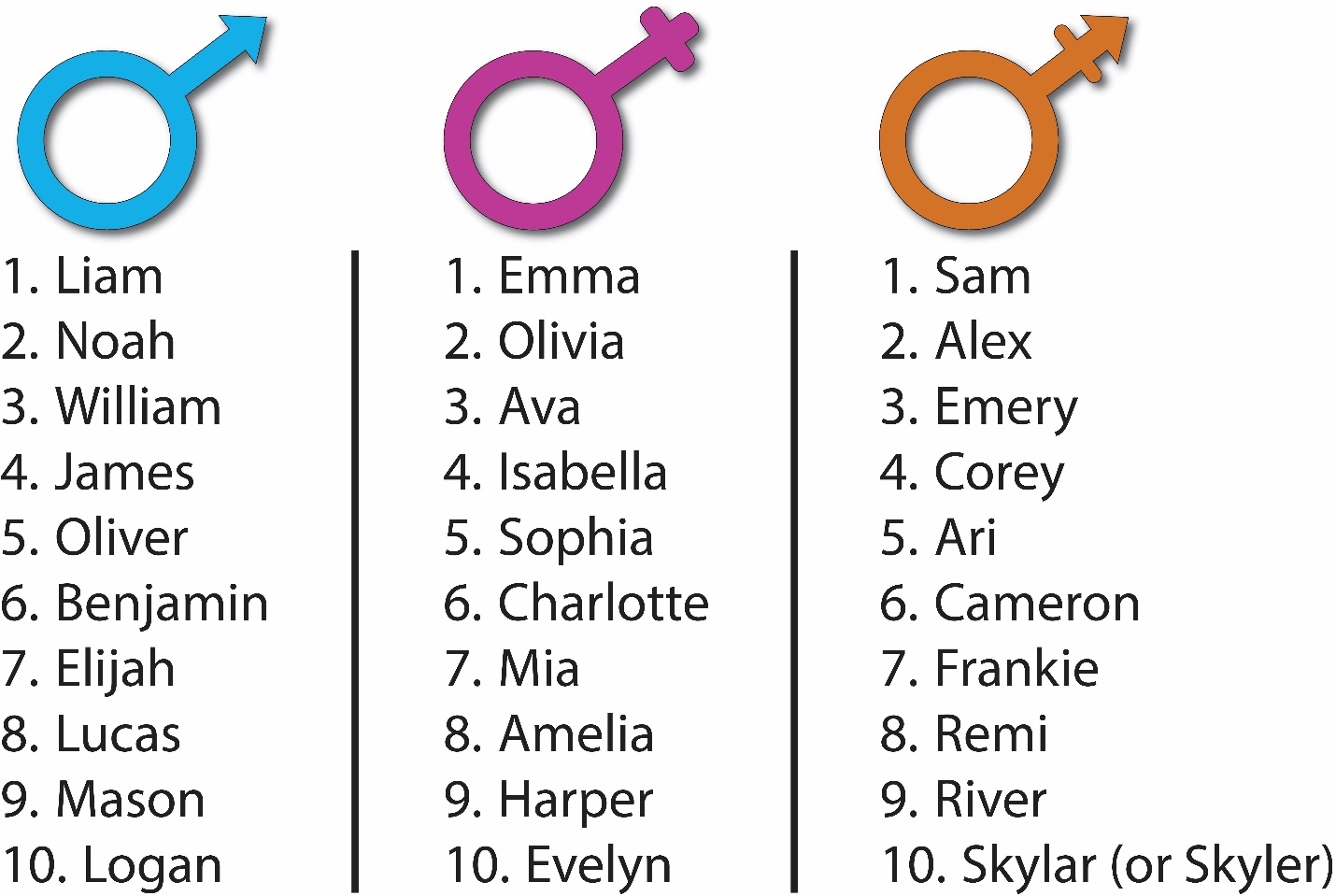 Popular male names: Liam, Noah, William, James, Oliver, Benjamin, Elijah, Lucas, Mason, Logan. Female names: Emma, Olivia, Ava, Isabella, Sophia, Charlotte, Mia, Amelia, Harper, Evelyn. Non binary names: Sam, Alex, Emery, Corey, Ari, Cameron, Frankie, Remi, River, and Skyler.