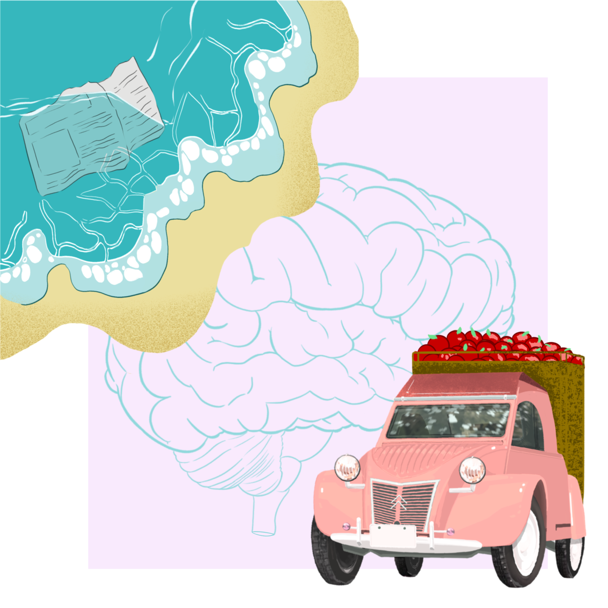 Central image is a sketch of a brain. In the lower right corner is a truck holding a load of apples. In the upper left corner is an image of the ocean with a piece of newspaper floating in it.