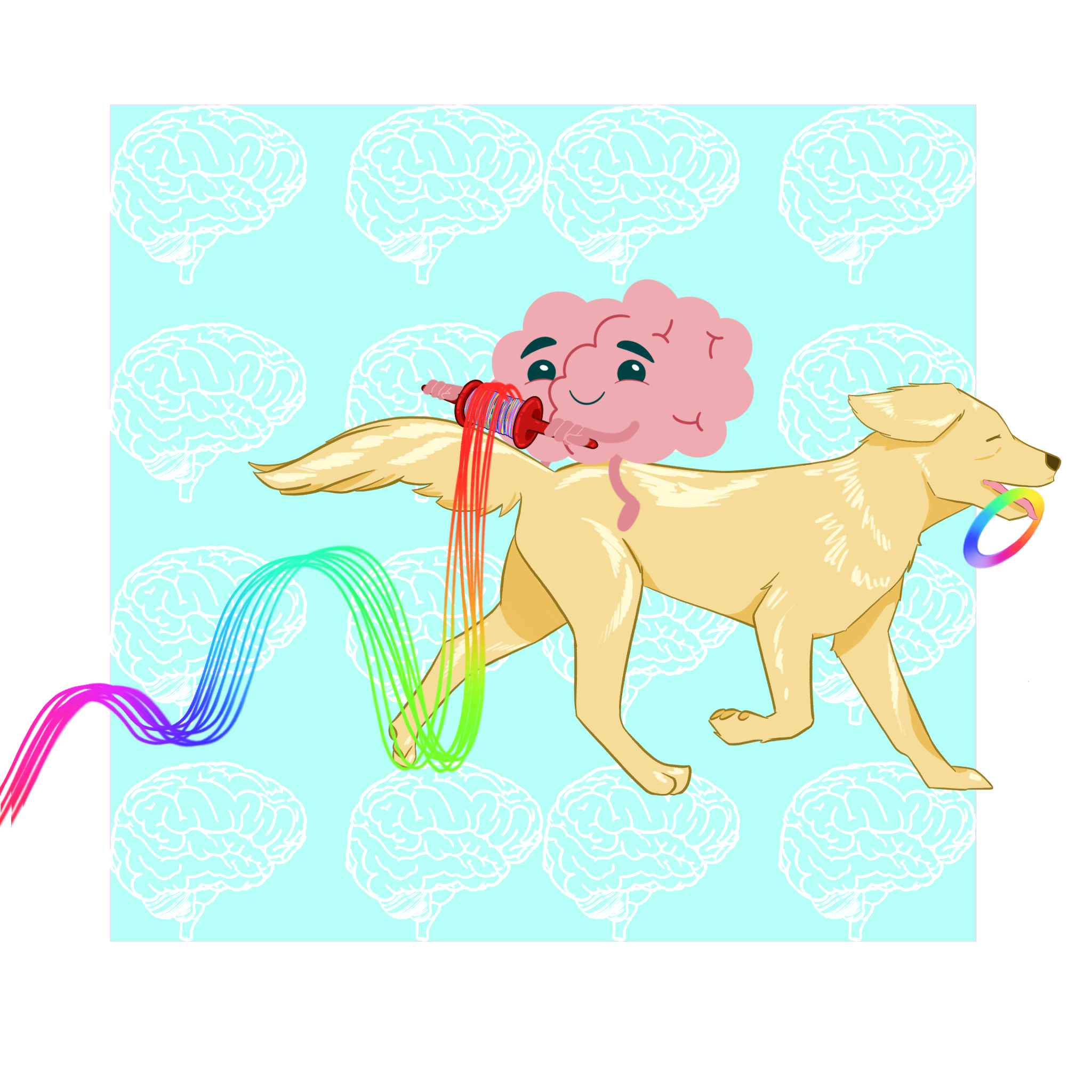 A golden retriever dog with a toy in its mouth. A cartoon image of a brain sits on the dog's back and is winding a spool of rainbow colored string.