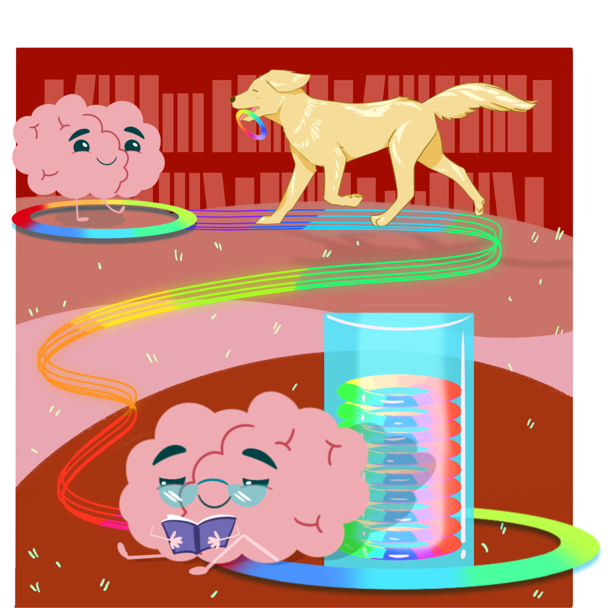 The red background is a bookcase and floor. In the upper left corner is a cartoon image of a brain inside a circle. The circle is connected by rainbow-colored string to another circle in the lower right corner where another cartoon brain sits reading and leading against a container of toys. In the upper right corner, a golden retriever dog has one of the toys in its mouth.