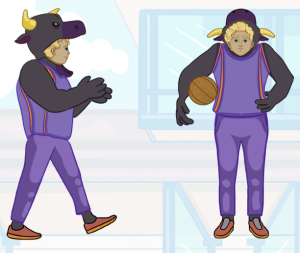 Mascot wearing a black bull costume with a purple basketball jersey, holding a basketball. Side and front views.