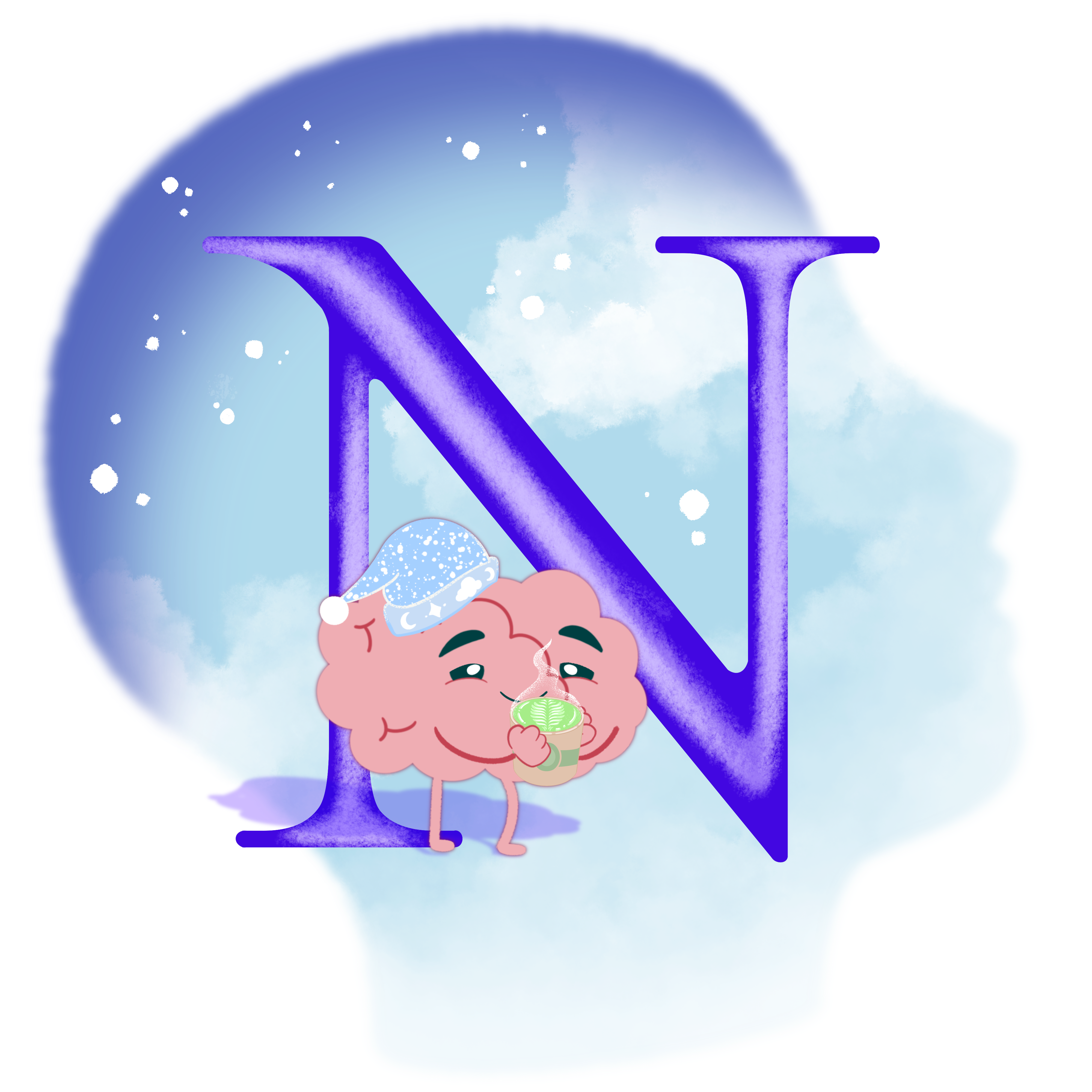 Large N over a background of a silhouette of a head that is filled in with the night sky. A cartoon brain stands at the bottom of the N with a cup of tea and a sleeping cap.