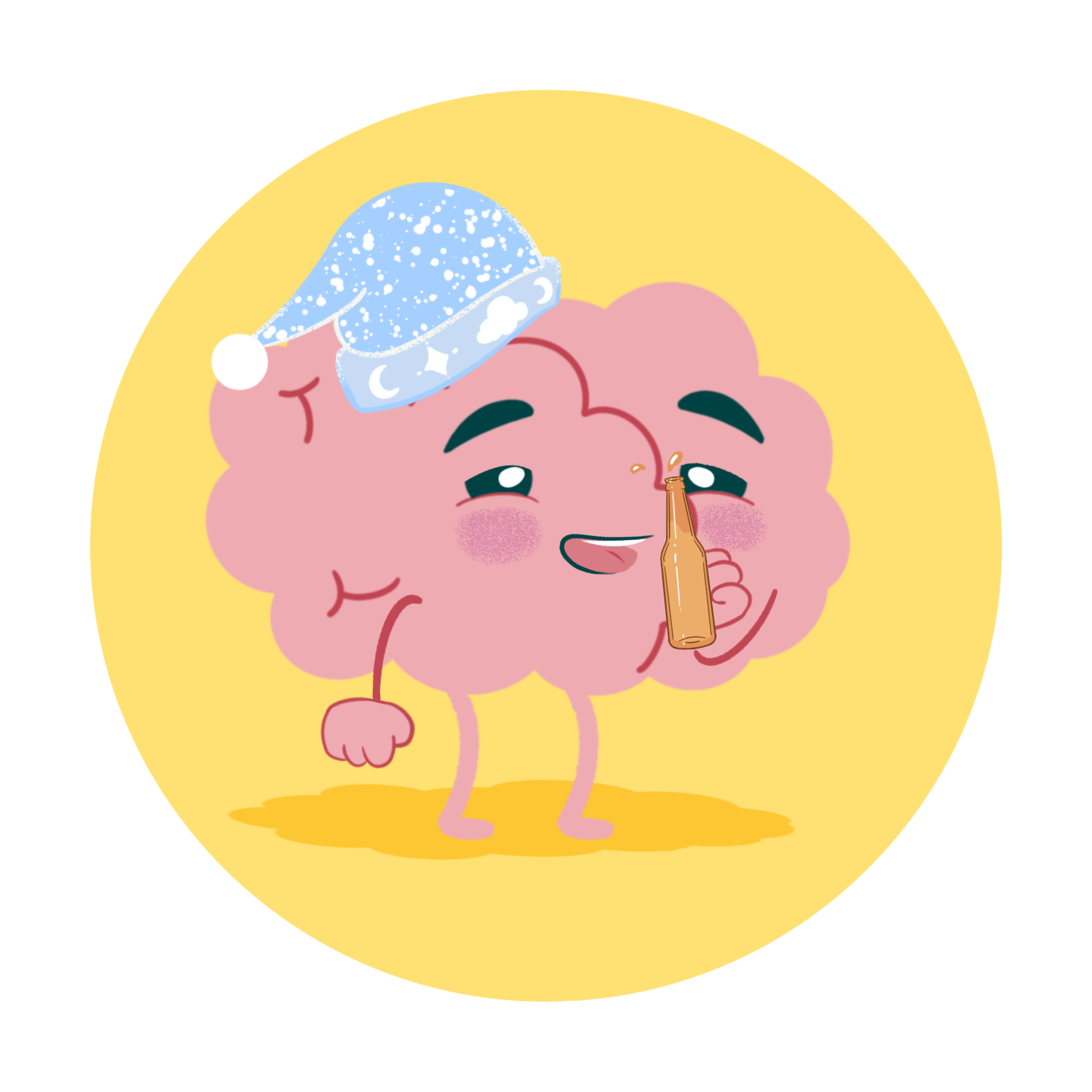 Brain in sleeping cap holding a bottle