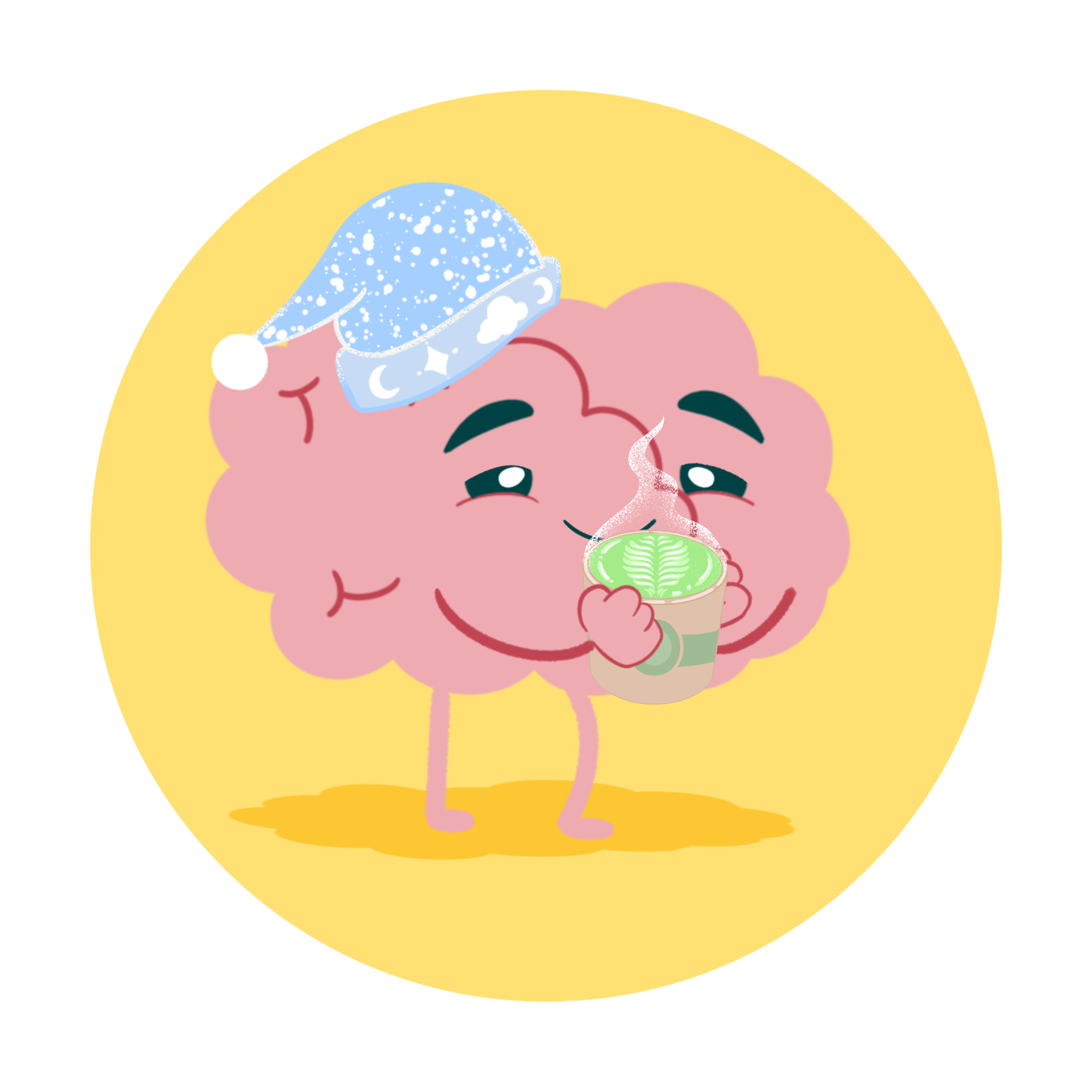 Brain in sleeping cap holding a cup of coffee