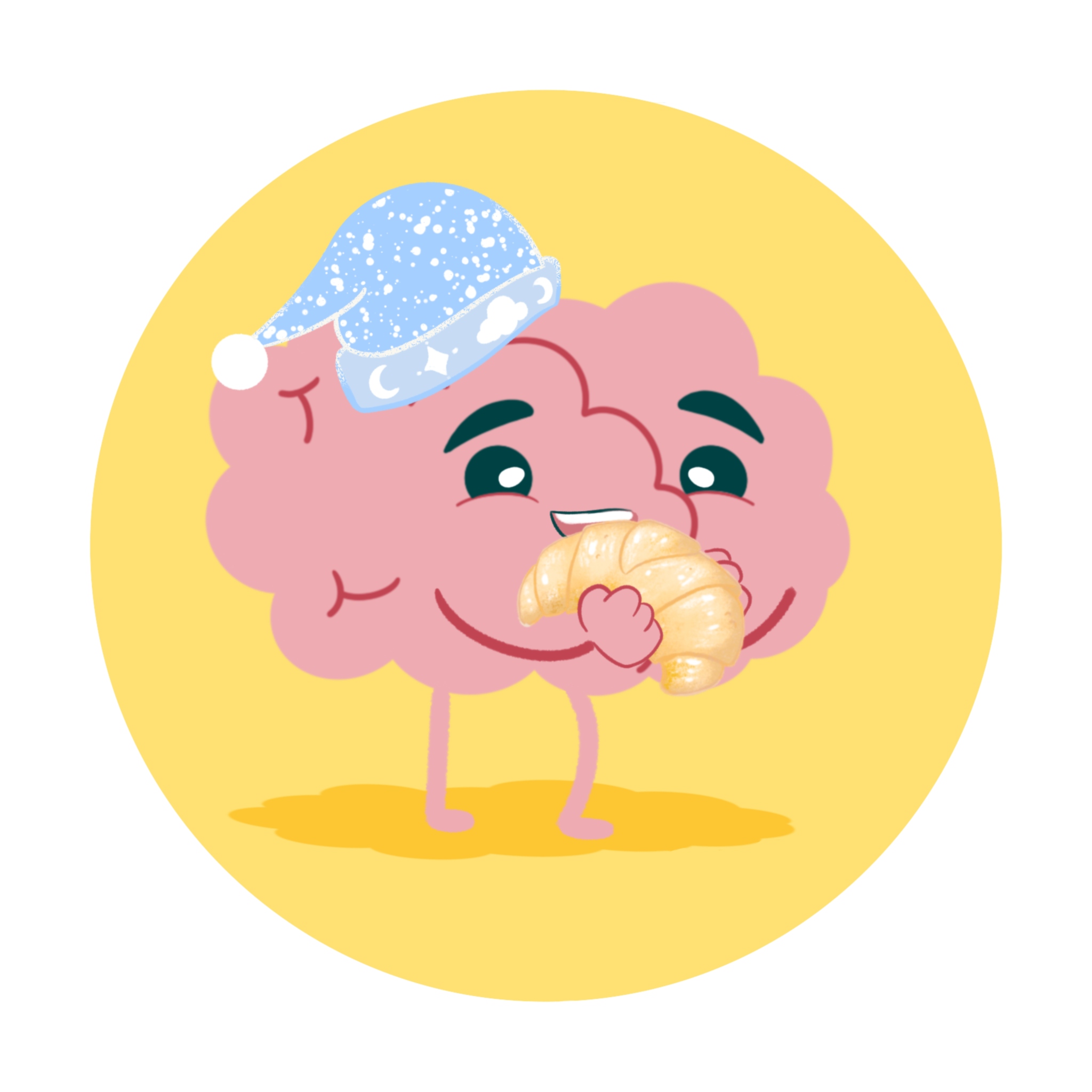 Brain in sleeping cap holding a croissant