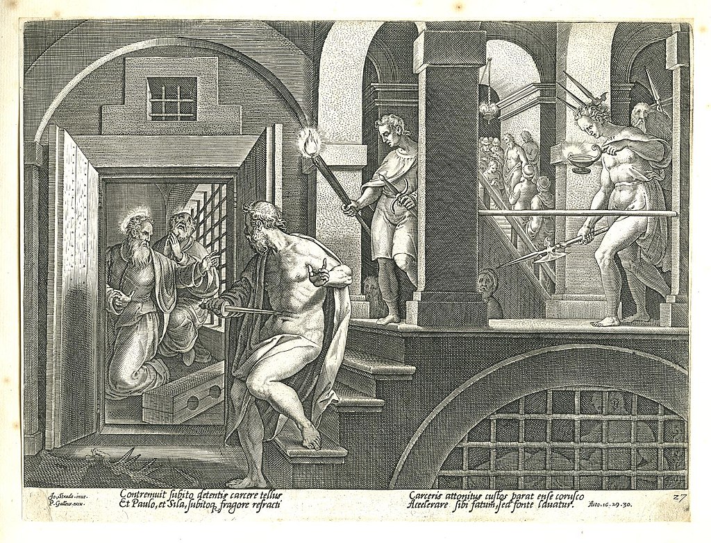 The Conversion of the Warder; to left, St Paul and Silas kneel in their prison cell; the prison warder descends the steps leading to the open doors of the cell, his sword drawn; behind him two other armed men follow, bearing torches; to far right, figures congregate on a flight of stairs. 1582, Jan van der Straet