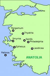 Map of western Anatolia showing the locations of the cities housing the seven early churches of Asia mentioned in the Book of Revelation, which was written on the island Patmos