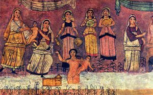 Moses found in the river. Fresco from Dura Europos synagogue. Date 244–255 CE