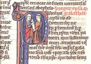 Beginning of the New Testament Epistle to Galatians translated from Greek into Latin. An illuminated manuscript, in the picture Apostel Paul hands his Epistle to a Galatian. Text (compare Latin text Vulgate Epistula Ad Galatas - Chapter 1