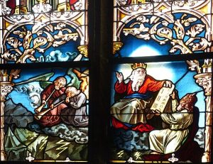 Gramastetten ( Upper Austria ). Saint Lawrence parish church: Stained glass window ( 1883 ) by Josef Kepplinger - Moses gets the Ten Commandments.
