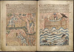 Double page from the Holkham Bible, BL Add. MS 47682, fol. 7v and 8r; Noah's Ark Datebetween 1325 and 1350