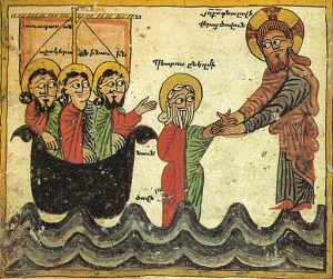 Jesus walking on water. Armenian manuscript. Daniel of Uranc gospel. Date1433