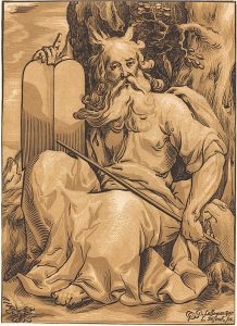 Ludwig Büsinck after Georges Lallemand Title Moses with the Tablets of Law Medium chiaroscuro woodcut (black line block and two brown tone blocks)
