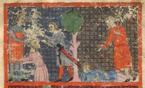 Moses killing the Egyptian, an Egyptian smiting an Israelite. From the Haggadah for Passover (the 'Sister Haggadah'). Date2nd or 3rd quarter of the 14th century