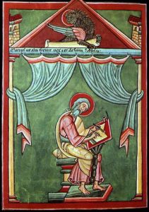 Miniature of Saint Mark in the Susteren Gospel Book in the church treasury of the Abbey of Susteren, the Netherlands. The gospel is from the 11th or 12th c