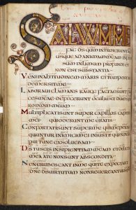 In this 8th-century psalter the Latin text is in large capital letters in the centre of the page and the Old English translation is in much smaller lower case letters between the lines of the Latin.