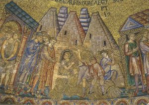 Joseph overseeing the gathering of grain during the seven years of plenty (Genesis 41:47–48). Dating to about 1275, this mosaic appears in a cupola in the atrium of St. Mark’s Basilica in Venice. Interestingly, the artist made Joseph’s granaries to look like pyramids.