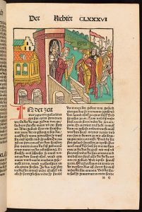 Page from the Book of Judges in a German Bible dating from 1485. Digitised by the Polonsky Foundation Digitization Project. Shelfmark: Bib. Germ. 1485 d.1. Folio CLXXXVI recto. More provenance information at http://incunables.bodleian.ox.ac.uk/record/B-331