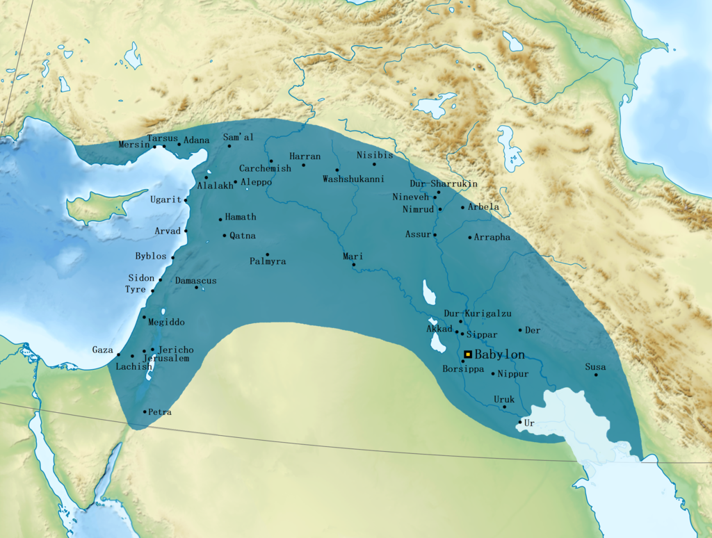 Map of the Neo-Babylonian Empire at its greatest territorial extent, under its final king Nabonidus. Follows the map of the Babylonian Empires produced by National Geographic (link), with the conquests in Arabia by Nabonidus removed.
