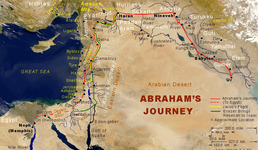 map of the journey of Abraham and his clan from Ur near the Tigris River through Canaan to Egypt and back to Canaan