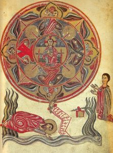 Vision of Ezekiel. Armenian manuscript of Minas gospel, Armenian Kingdom of Cilicia. Date1455