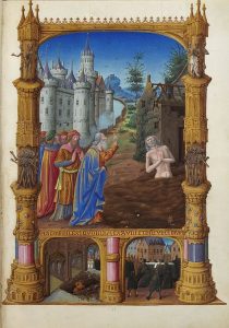 Job Mocked by His Friends the Musée Condé, Chantilly painted sometime between 1412 and 1416 by the Limbourg brothers for their patron Jean, Duc de Berry.