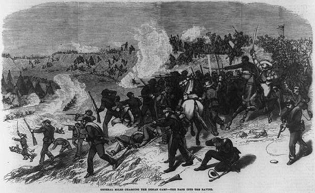 Montana - the Nez Percé War - incidents in the defeat and capture of Chief Joseph by General Nelson A. Miles General Miles charging the Indian camp - the dash into the ravine / / from sketches by G.M. Holland. Abstract/medium: 1 print : wood engraving.