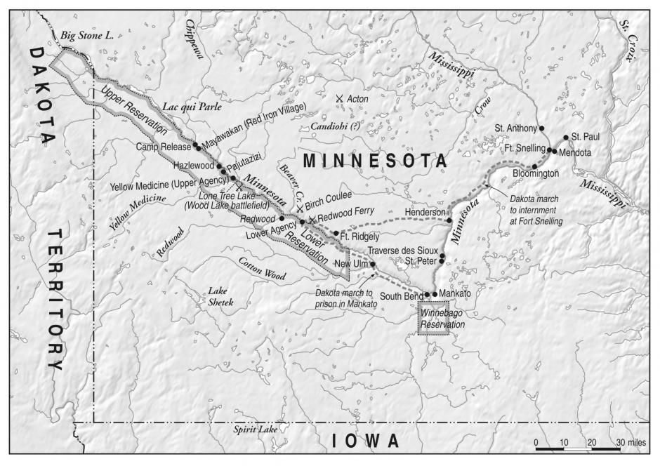 Map showing battles and evens of the U.S. Dakota War of 1862.