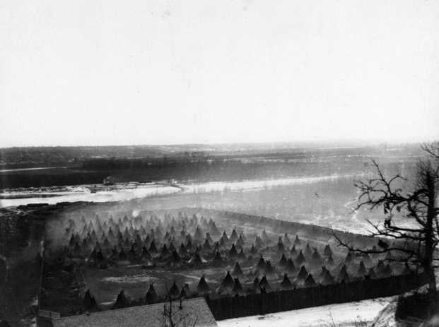 View of the Dakota concentration camp on the river flats below Fort Snelling, c.1862–1863. Photograph by Benjamin Franklin Upton.