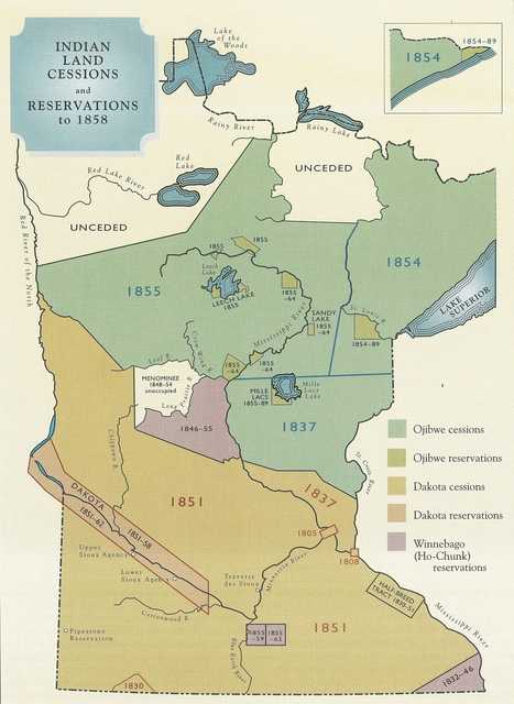 Map showing Ojibwe and Dakota treaty mandated land cessions in Minnesota from 1805 to 1877.