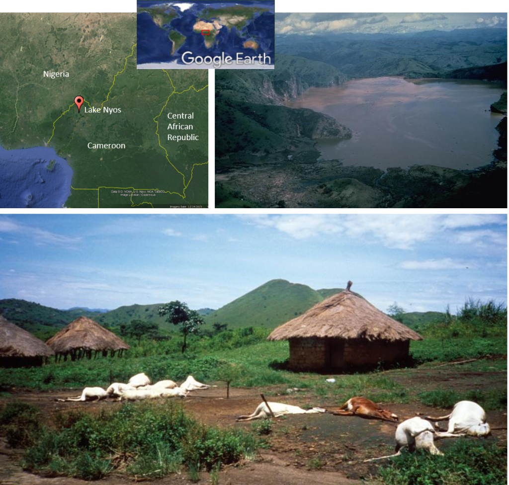 Top Left: Map showing placement of Lake Nyos in western Cameroon, which is located in western African between Nigeria and Central African Republic. Top right: Photo of Lake Nyos which sits in a volcanic crater. Bottom: Photo of a village with dead cattle.