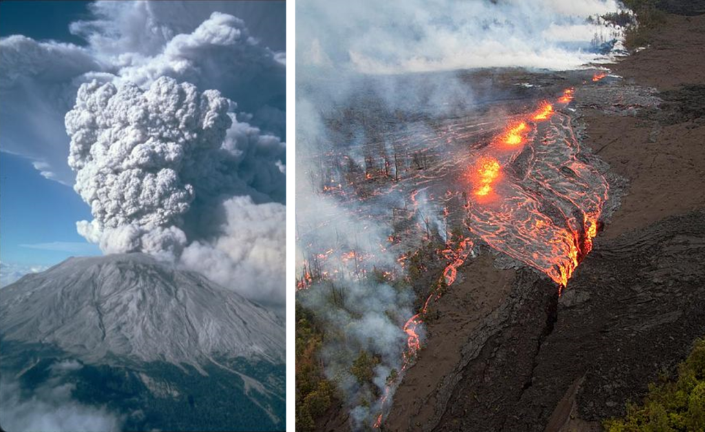 Left: Photograph of Mt. St. Helen's erupting with a large ash cloud. Right: photograph of lava running over the ground surface in Hawaii erupting from a long crack in the ground.