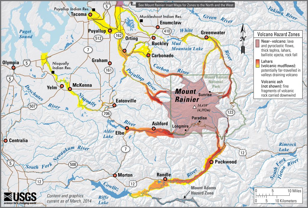 Map of Mt. Rainier volcanic hazards as described in the figure caption.