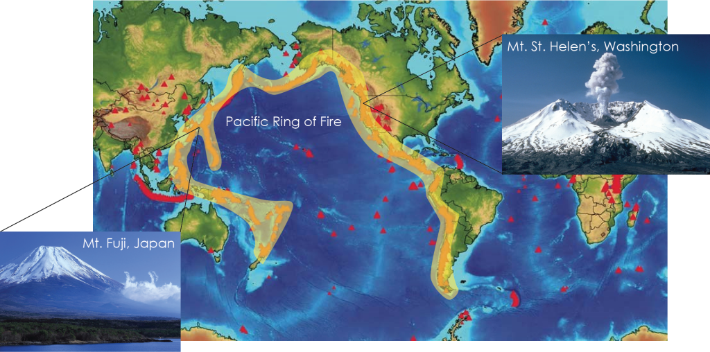 World map with the zone ringing the Pacific Ocean from New Zealand north and west up past Japan and Russia, across the north where the Aleutian Islands and Alaska are and then south along the west coast of North America and South America is shaded yellow to show the Pacific Ring of Fire