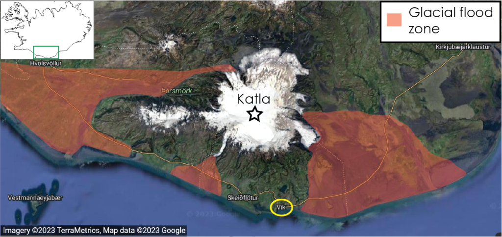 Map of southern Iceland showing the town of Vik on the south coast. The volcano Katla is located inland from Vik behind a mountain ridge. Areas of glacial outburst flood hazards are shaded in red. Vik is not in this hazard zone but the coastal areas both east and west of Vik are in the hazard zone.