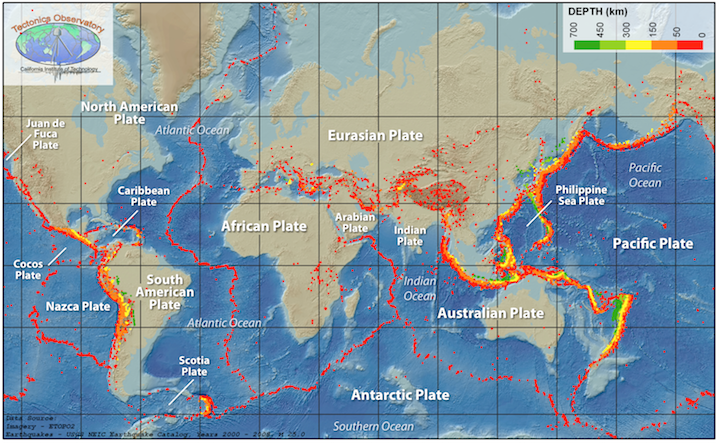 Plate boundary map with earthquakes shown as colored dots. Earthquakes are color coded and have patterns along plate boundaries as described in the figure caption.