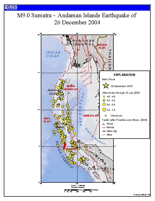 Map showing the convergent plate boundaries involved with the Sumatra-Andaman earthquake. Yellow star shows the location of the main earthquake towards the southern end of the boundary. Yellow dots show a series of aftershocks that extend north for over 1000 kilometers in the 2 weeks following the main shock. This line of aftershocks marks out the area of the fault that ruptured.