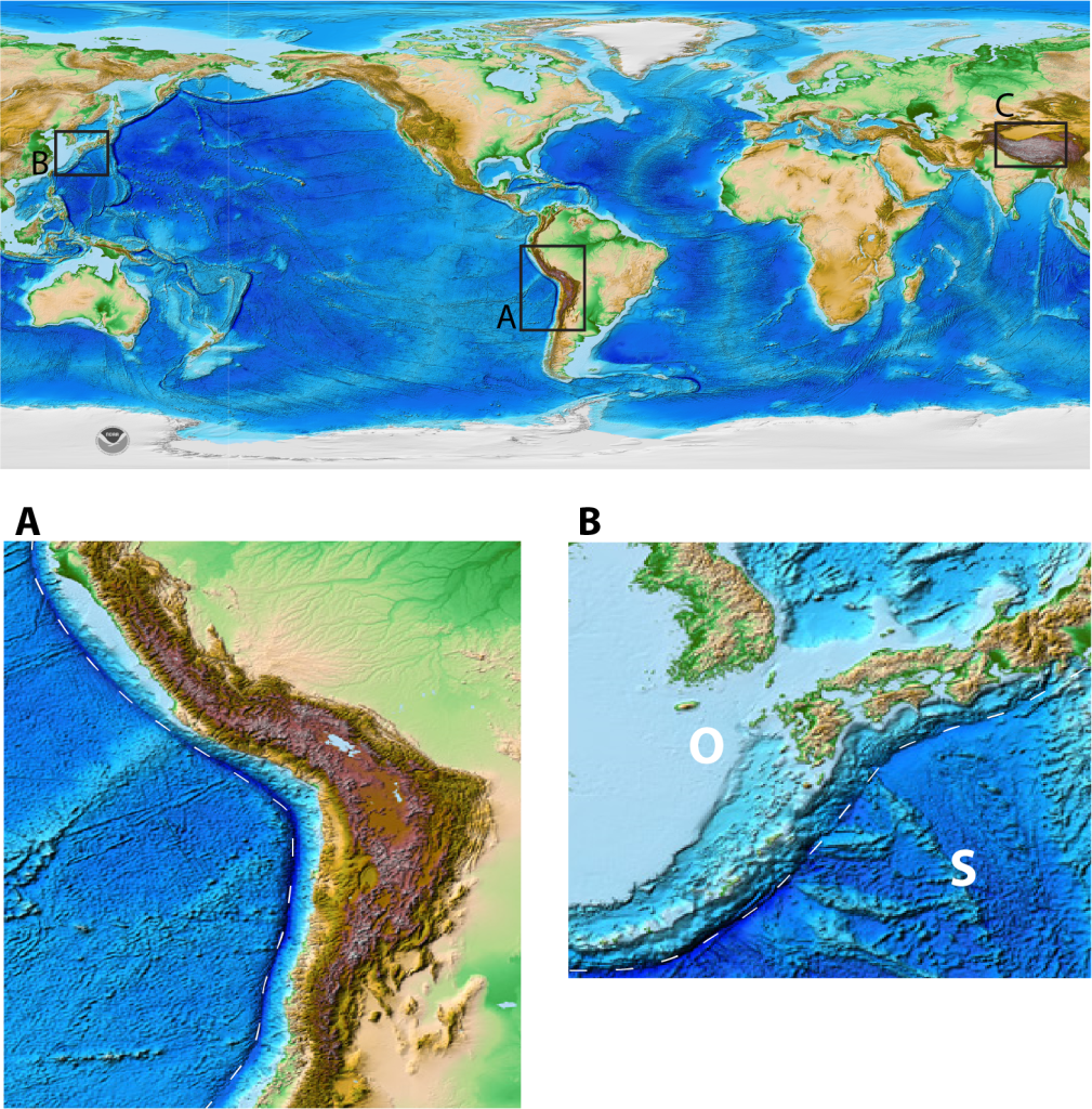 Elevation maps as indicated in the figure caption. In both enlarged maps the elevation right on the plate boundary is very deep ocean - this is the trench. The overriding plate side is either high continental mountains (area A - ocean-continent convergent boundary) or shallow sea with many islands (area B - ocean-ocean convergent boundary)