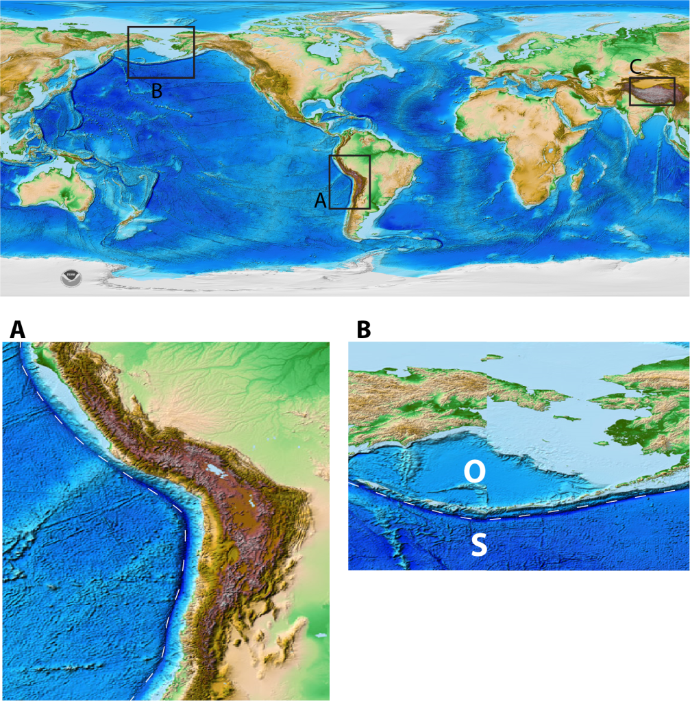 Elevation maps as indicated in the figure caption. In both enlarged maps the elevation right on the plate boundary is very deep ocean - this is the trench. The overriding plate side is either high continental mountains (area A - ocean-continent convergent boundary) or shallow sea with many islands (area B - ocean-ocean convergent boundary)