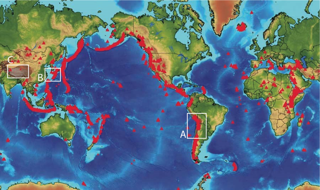 World map with volcanoes indicated in red triangles. Volcanoes strongly correlate with plate boundaries worldwide. Volcanoes associated with subduction zone boundaries are always located on the overriding plate side of the boundary.