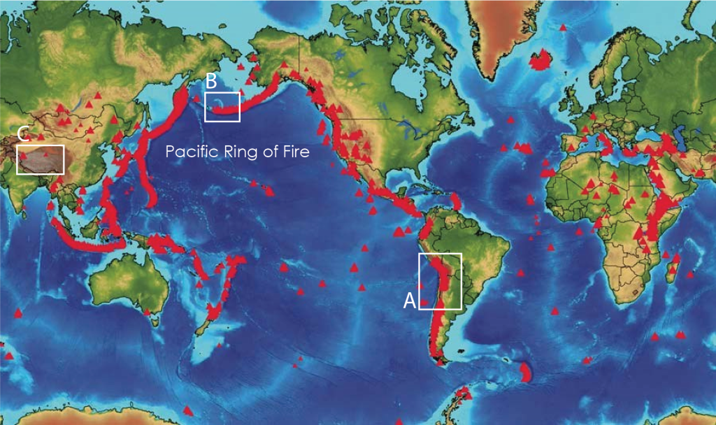 World map with volcanoes indicated in red triangles. Volcanoes strongly correlate with plate boundaries worldwide. Volcanoes associated with subduction zone boundaries are always located on the overriding plate side of the boundary.