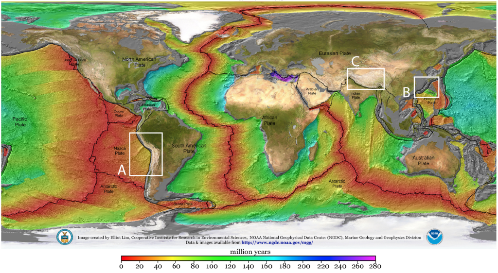 World map color coded for seafloor age with areas of convergent boundaries marked as described in the figure caption. Color coding shows no specific pattern at subduction zone boundaries.