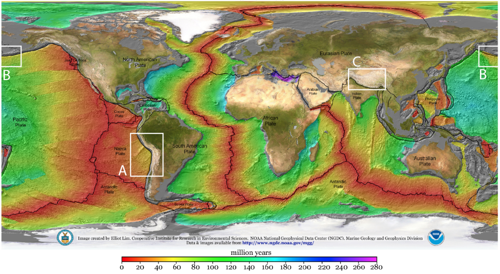World map color coded for seafloor age with areas of convergent boundaries marked as described in the figure caption. Color coding shows no specific pattern at subduction zone boundaries.