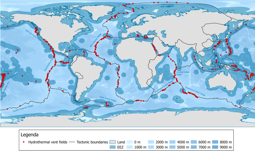 World map with the tectonic plate boundaries marked by black lines. Hydrothermal vents (red dots) are located along the plate boundaries.