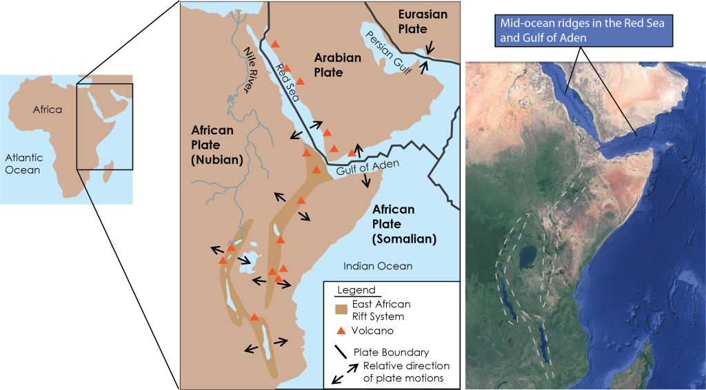 East African Rift system is located in eastern Africa and is a broadly north to south elongated system with the eastern side moving to the east and the western side moving to the west. It connects on its northern side where the Gulf of Aden and the Red Sea join.