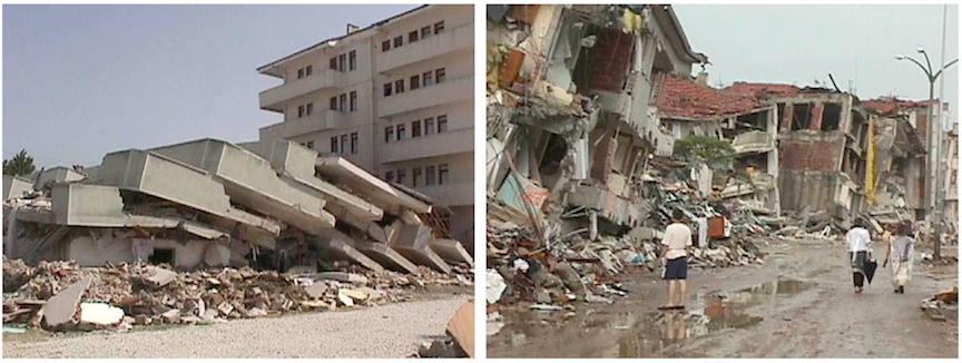 Two photographs of building collapse in Turkey following an earthquake. Left: foreground has a completing collapsed building with a seemingly untouched building in the background. Right: Series of buildings that have all collapsed.