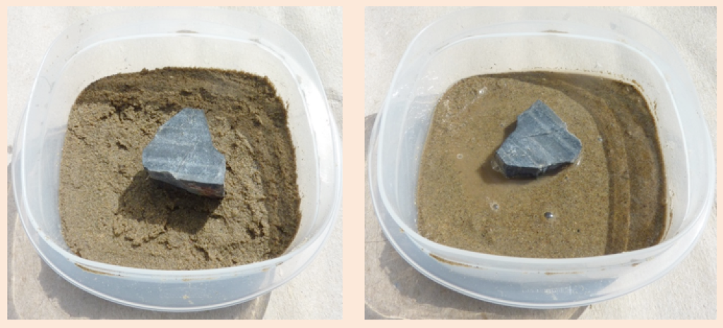 Photographs showing the results of the liquefaction sand experiment. Left: Photograph before shaking has a rock sitting on the surface of damp, but sturdy sand. Right: photograph after shaking where the rock has sunk into the sand and there is a layer of water on the surface of the sand.